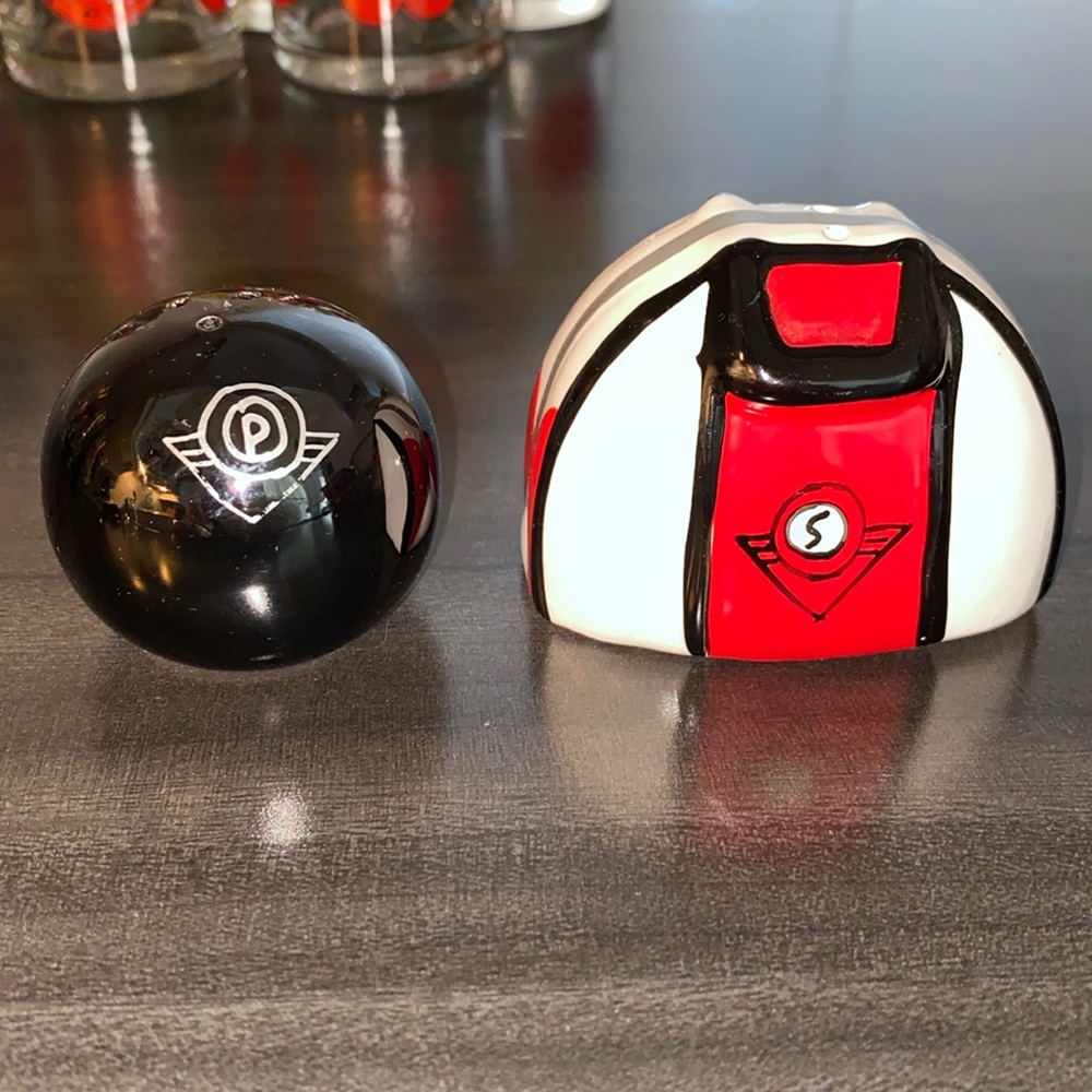 Vintage 90’s novelty, salt & pepper shakers, bowling ball & bag by Chadwick